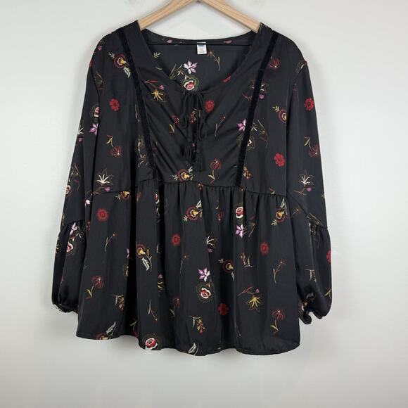 Old Navy Floral Peasant Blouse Top Womens XXL Plus Black Velvet Trim Whimsigoth - Picture 1 of 8